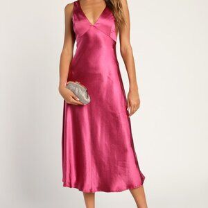 Lulus Incredible Love Magenta Satin Cowl Back Midi Slip Dress Pink - Size Medium